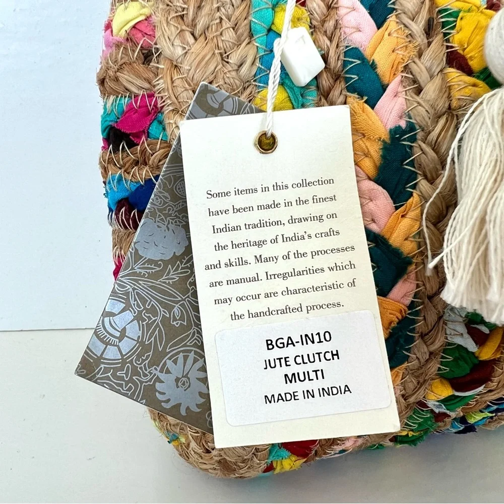 ANTIK KRAFT Beige Woven Jute Raffia Multicolor Braided Strip Fabrics Clutch NWT